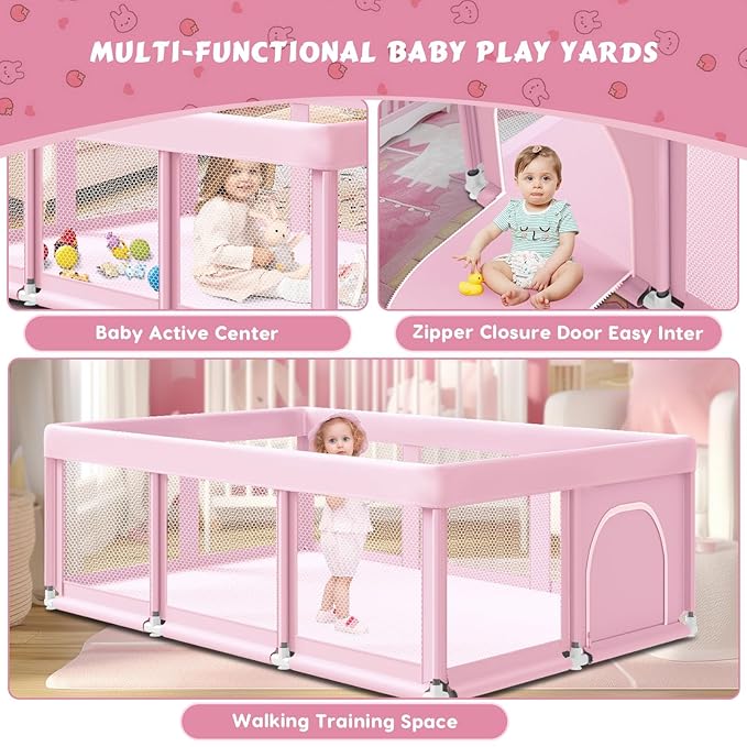 74" ×50" Large Baby Playpen, Baby Playard for Babies and Toddlers, Play Pens for Indoor & Outdoor, Sturdy Safety Play Yard with Soft Breathable Mesh, Anti-Fall, Pink-CubbioJoy