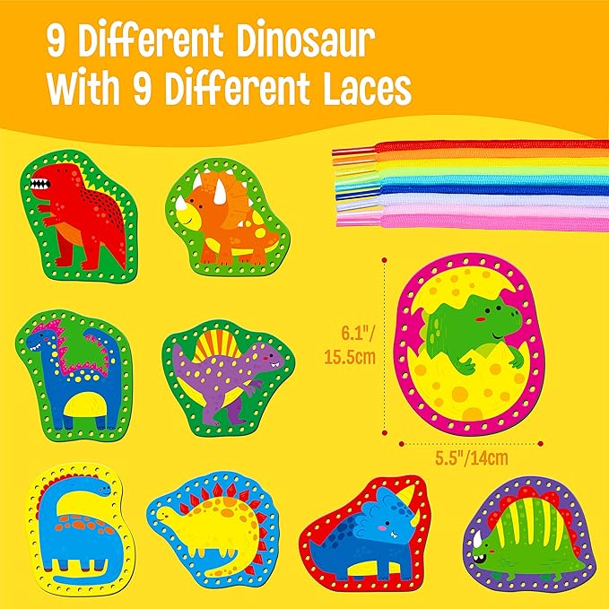 9 Pieces Kids Lacing Cards, Double Sided Sewing Cards in 9 Dinosaurs with 9 Colorful Laces, Imagination Development Lacing Toys Games for Children Educational and Learning Activity-CubbioJoy