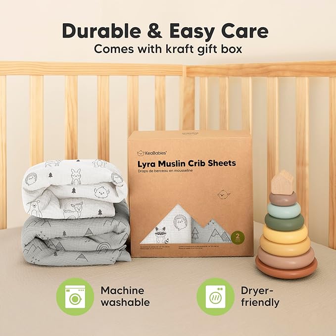 KeaBabies 2-Pack Muslin Crib Sheets for Boys, Girls - 100% Organic Cotton Fitted Baby Crib Mattress Sheet, Soft Breathable Standard Toddler Bed Cover Bedding Set, Neutral, Durable 52x28 (Woodland)-CubbioJoy