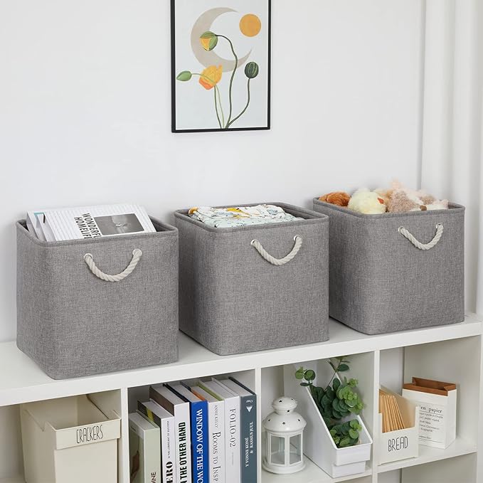 Bidtakay Grey Baskets Foldable Storage Cube Bins 13x13x13 Cube Storage Organizer Closet Set of 3 Fabric Storage Baskets for Home Office Large Baskets for Nursery Baby Toy Storage-CubbioJoy