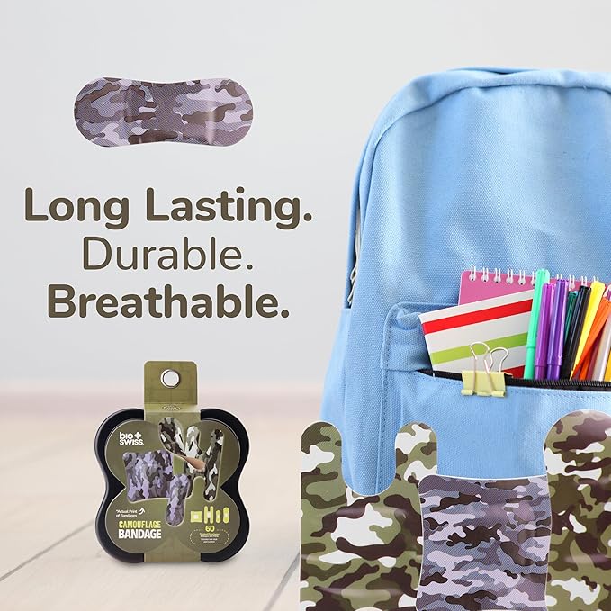 BioSwiss Bandages, Assorted Size Camoflauge Print Self Adhesive Bandage, Latex Free Sterile Wound Care, First Aid Kit Supplies for Kids and Adults, 60 Count-CubbioJoy