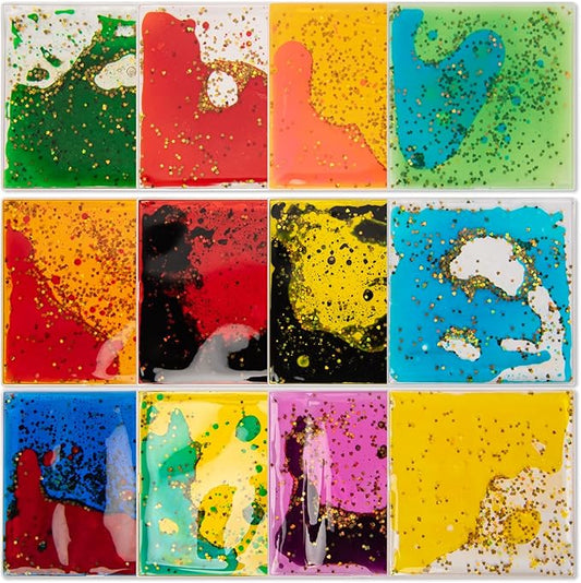 Art3d 6”x6” Square Sensory Fidget Liquid Motion Tiles for Kids, Toddler, Teens - Interactive Soft Gel Liquid Play Mats for Home, Schools, Playrooms, Multi-Pack of 12 Tiles-CubbioJoy