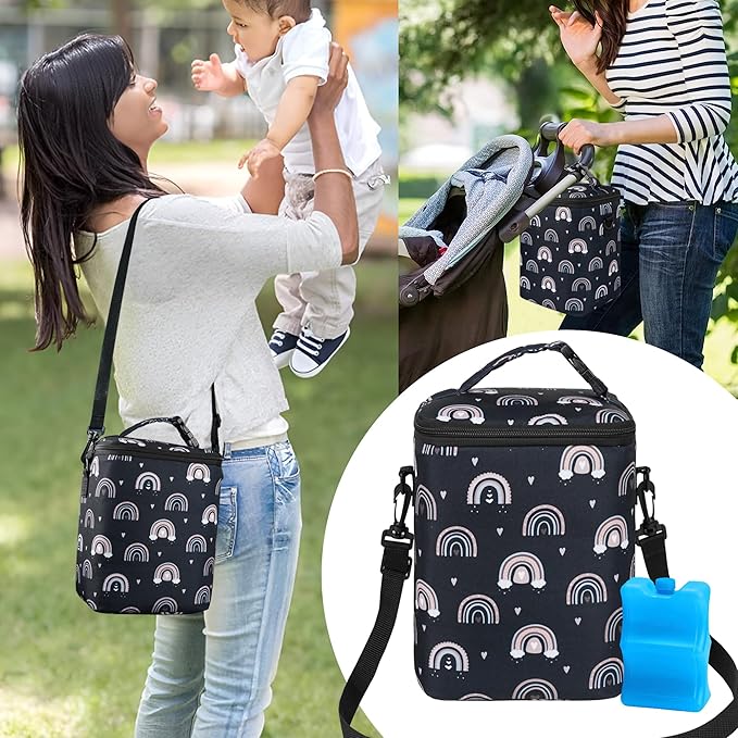 Breastmilk Cooler Bag with Ice Pack Fits 4 Baby Bottles Up to 9 Ounce Insulated Baby Bottle Bag Breast Milk Cooler on the Go with Strap Fits Medela/Dr.Brown's for Nursing Mom Daycare, Work or Travel-CubbioJoy