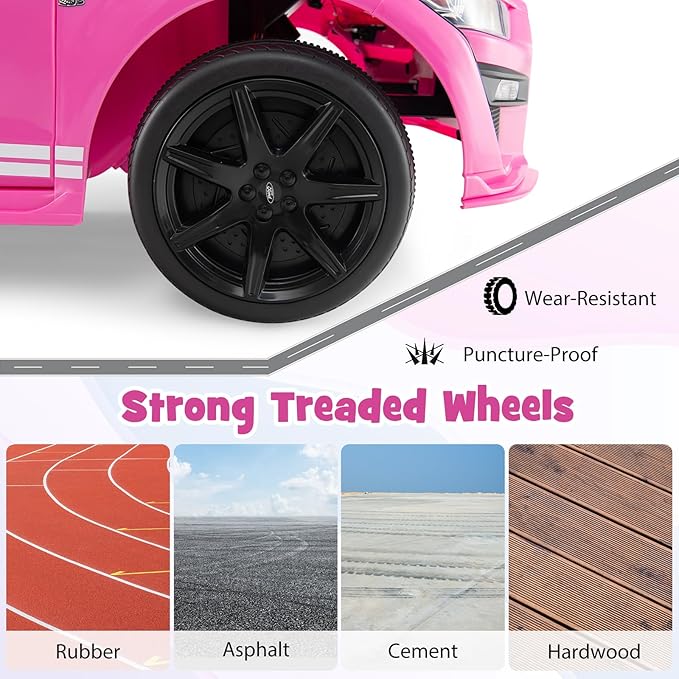 Costzon Ride on Car, 12V Licensed Ford Mustang Shelby GT500 Kids' Electric Vehicles w/Remote Control, USB Port, Radio, Music, Player, High Low Speed & Soft Start, Racing Kids Car for Toddlers (Pink)-CubbioJoy