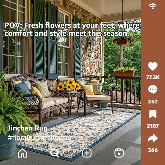 jinchan 2x5 Floral Runner Rug for Hallway Washable Kitchen Runner Vintage Romance Design Non Slip Thin Indoor Floor Cover Low-Profile Throw Carpet for Entryway Bathroom Bedroom Porch, Blue/Beige-CubbioJoy