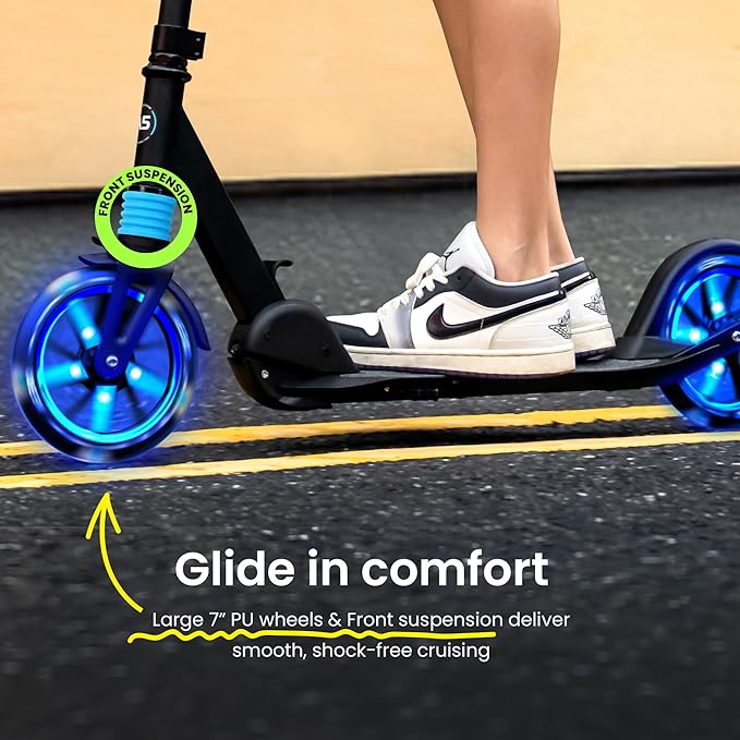 Aero Big Wheels Kick Scooter for Kids 6+, Teens & Adults | Light Up Wheels, Hand Brake, Rubber Deck Mat & Shock Absorption | Foldable & Height Adjustable-CubbioJoy