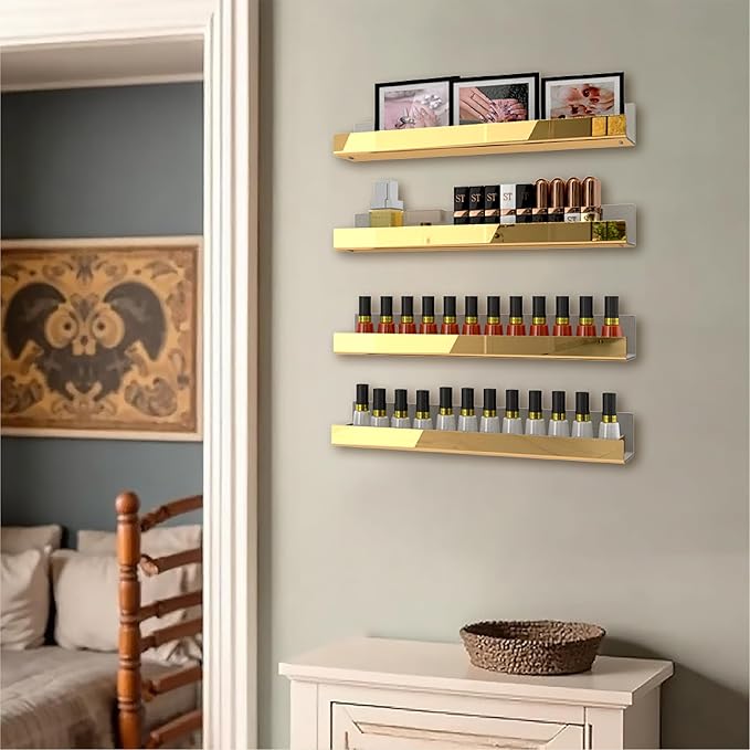 4 Pack 15 Inch Gold Reflective Acrylic Shelves, Gold Foating Shelves, Modern Sunglasses Essential Oil Picture Ledge Display Toy Storage Shelf-CubbioJoy