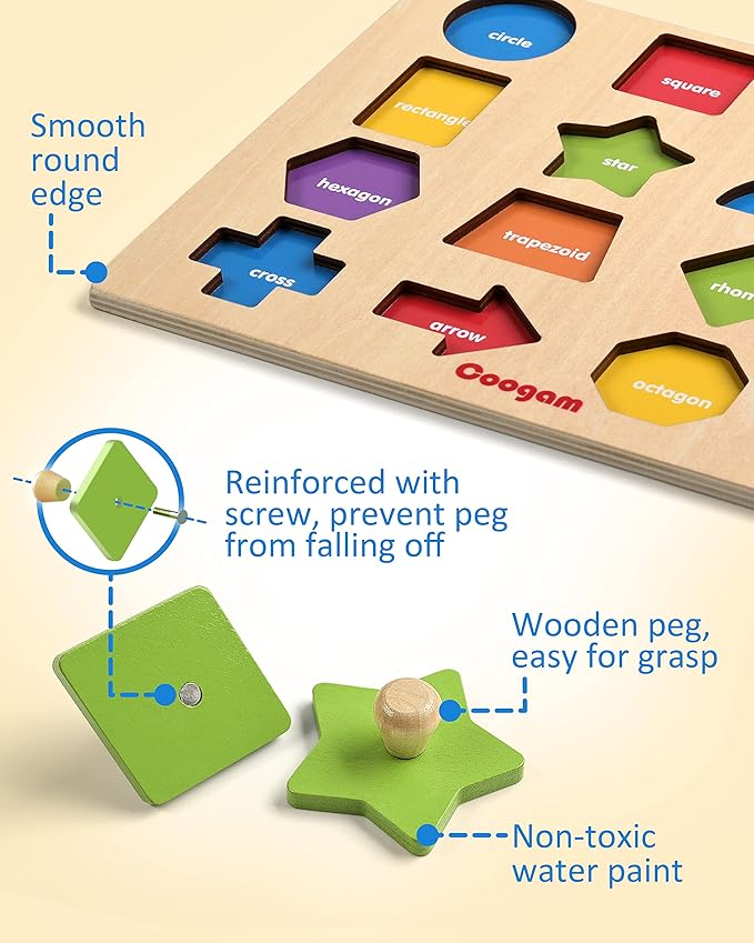 Coogam Montessori Toy Wooden Shape Peg Puzzle, Fine Motor Color Matching Sorting Board, Early Learning Educational Activity Toy Gift for Preschool Toddler Baby 3 4 5 Year Old-CubbioJoy