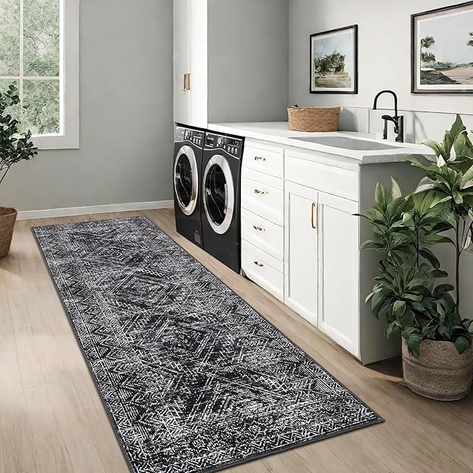 COZYLOOM Rug Runners 2x6 Washable Rugs for Bedroom Hallway Dining Room Living Room, Vintage Rug Non Slip Area Rug Geometric Soft Throw Rugs Low Pile Stain Resistant Carpet, Black-CubbioJoy