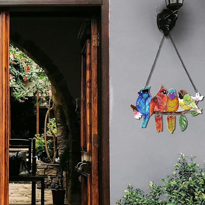 2 Pack Stained Glass Window Hanging - Hummingbird Decorations Suncatcher Hand-Painted Double Sided Birds on A Branch Sun Catcher for Window Home Decor Gifts for Mom,Bird Lovers-CubbioJoy