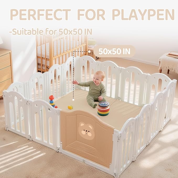 Bella’s Friends Foldable Baby Play Mat for Floor, 50"x50" Vegan Leather Playpen Mat, 1.2" Extra Thick Foam, Non-Toxic, Wipe-Clean, Travel-Ready, Non-Slip Crawling Mat for Kids Toddlers&Infants, Beige-CubbioJoy