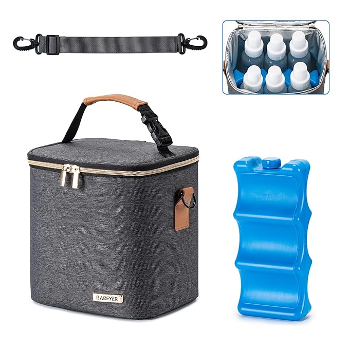 Breastmilk Cooler Bag with Ice Pack Fits 6 Baby Bottles Up to 9 Ounce, Baby Bottle Bag with Shoulder Strap for Nursing Mom Daycare,Dark Grey-CubbioJoy
