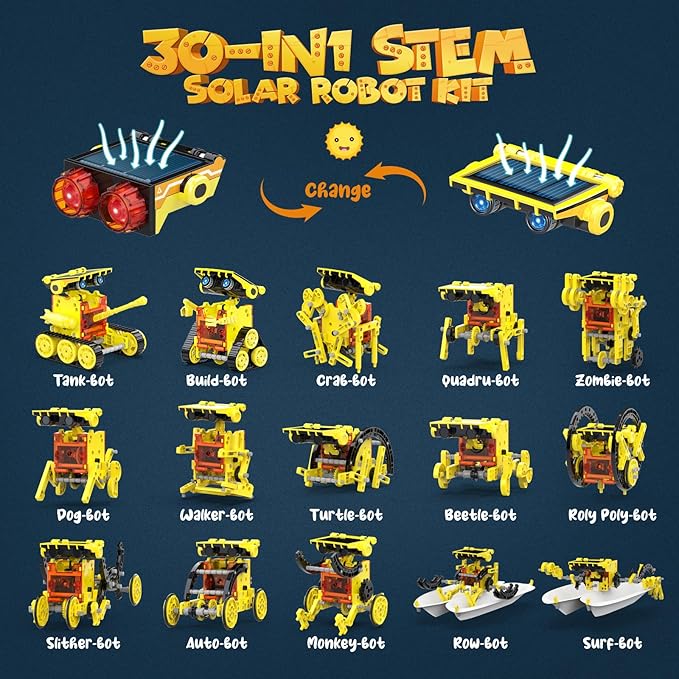 30-in-1 STEM Solar Robot Kit Toys, 243 Pieces Educational Building Science Experiment Kit for Kids Aged 8-12, Birthday Gifts Kids Aged 8 9 10 11 12 13 Years Old(Yellow)-CubbioJoy