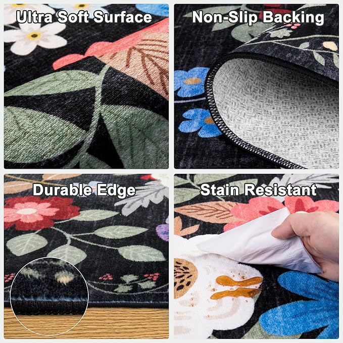 8x10 Area Rugs for Living Room: Washable Rug Vintage Large Soft Boho Floral Non-Slip Carpet Indoor Floor Stain Resistant Thin Carpets for Bedroom Dining Room Farmhouse Nursery Home Office Black-CubbioJoy