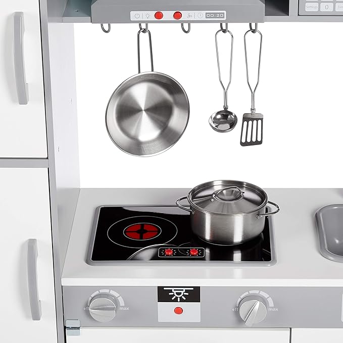 Amazon Basics Kids Kitchen Set, Play Kitchen Toy Playset for Toddlers, Preschoolers, 39"L x 11.8"W x 39"H, White & Gray-CubbioJoy