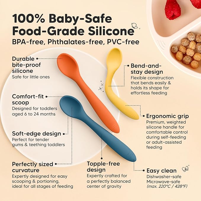 KeaBabies Silicone Baby Spoons, Self Feeding 6-12 months - 3-Pack Baby Weaning Eating Utensils, Toddler First Food Training Spoon, Infant, Kids Feeding Supplies Essential Set,Dishwasher-safe (Valiant)-CubbioJoy