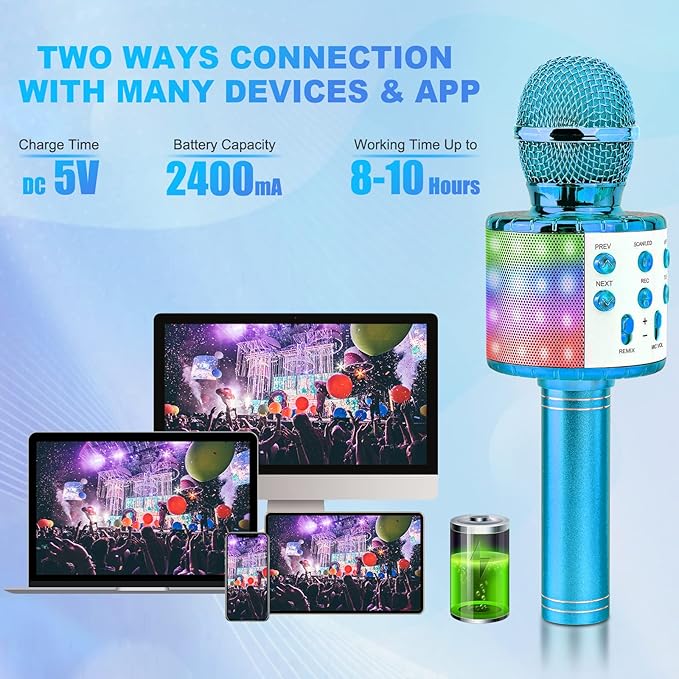 BlueFire 4 in 1 Karaoke Wireless Microphone with LED Lights, Portable Microphone for Kids, Great Toys for Kids, Girls, Boys and Adults (Blue)-CubbioJoy