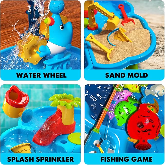 CozyBomB™ Water Table for Toddlers 3-5 | Outdoor Toys Water Play Table, Magnetic Fishing Toy Game, Summer Splash Pond Showers Sand Activity, Sensory Party Birthday Gift Kids Ages 4-8 9-12 (1-Tier)-CubbioJoy
