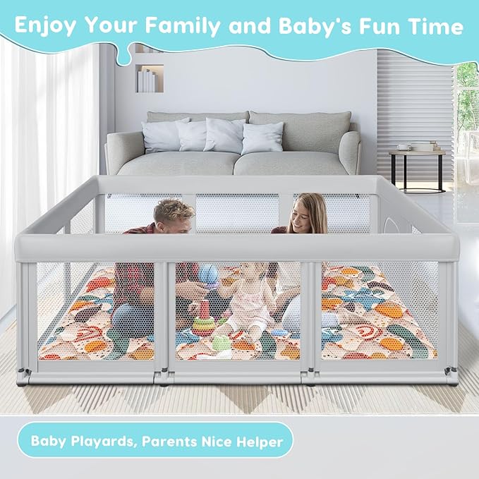 74" ×50" Large Baby Playpen, Baby Playard for Babies and Toddlers, Play Pens for Indoor & Outdoor, Sturdy Safety Play Yard with Soft Breathable Mesh, Anti-Fall, Grey (with MAT)-CubbioJoy