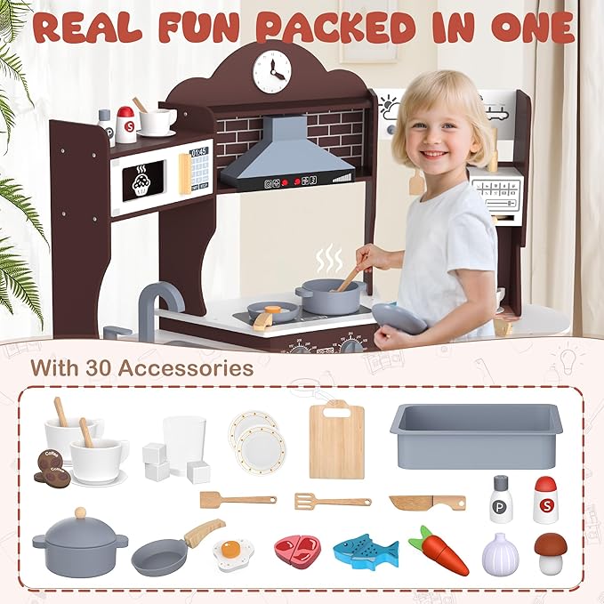 ANPABO Play Kitchen for Kids, Wooden Kitchen Playset w/Real Lights & Sounds, Coffee & Ice Maker, Microwave, Stove, 30Pcs Accessories Include Play Food, Pretend Play Set for Boys & Girls, Espresso-CubbioJoy