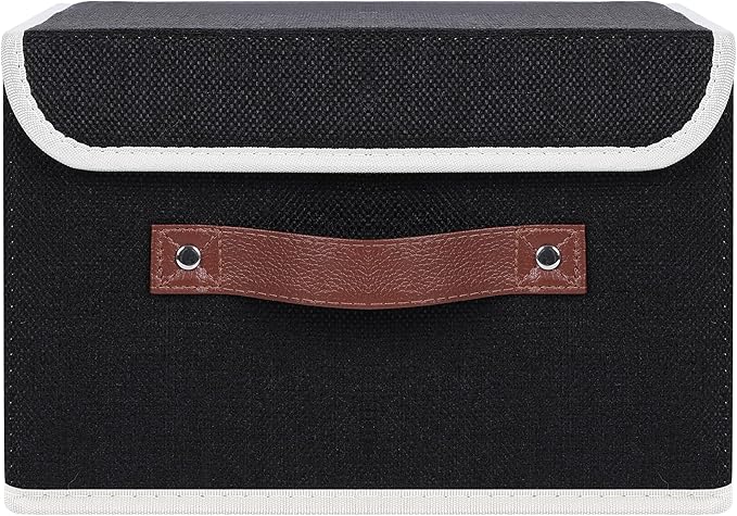 ANMINY Storage Bin with Lid Storage Boxes with PU Leather Handles PP Plastic Board Decorative Foldable Lidded Cotton Linen Fabric Home Cubes Baskets Closet Organizer Container - Black, Small Size-CubbioJoy