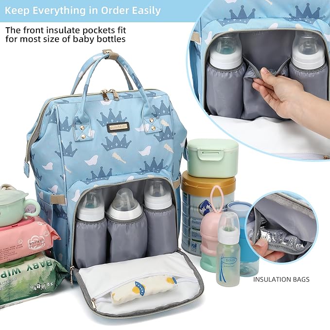 Diaper Bag Backpack, Diaper Bags for Baby Girls Boys, Baby Bags for Moms Dads, Nappy Changing Bag with Insulated Pockets,Multi-functional Waterproof Backpack with Stroller straps-Light blue crown-CubbioJoy