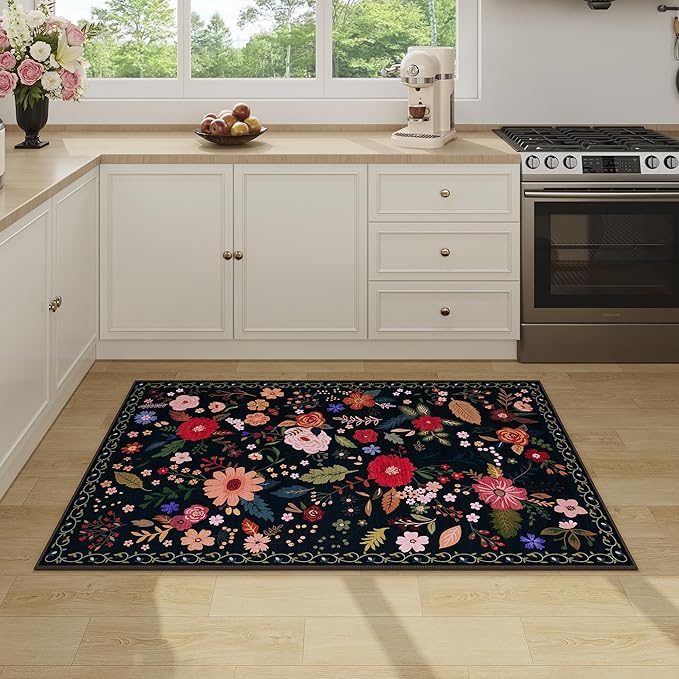 3x5 Area Rug, Floral Black Washable Rug for Entryway, Non Slip Flower Area Rugs, Soft Low Pile Indoor Doormat Small Carpet, Rugs for Living Room Bathroom Bedroom Nursery Kitchen Dining Room-CubbioJoy