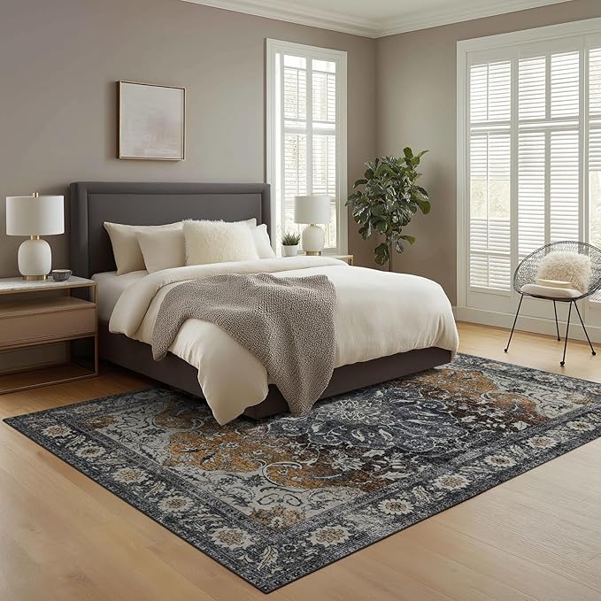 9x12 Area Rug Living Room Rugs, Stain Resistant Washable Rug, Vintage Large Non-Slip Backing, Low Pile Lightweight Print Rug for Bedroom Dinning Room Home Office (Tan/Gray)-CubbioJoy