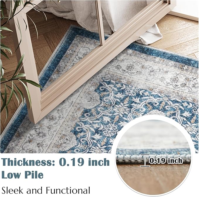jinchan Floral Area Rugs 4x6 Machine Washable Vintage Distressed Boho Design Throw Rug Stain Resistant Carpet Low Pile Ultra-Thin Non-Slip for Bedroom Living Room Dining Room Kitchen(4‘x6',Drak Blue)-CubbioJoy