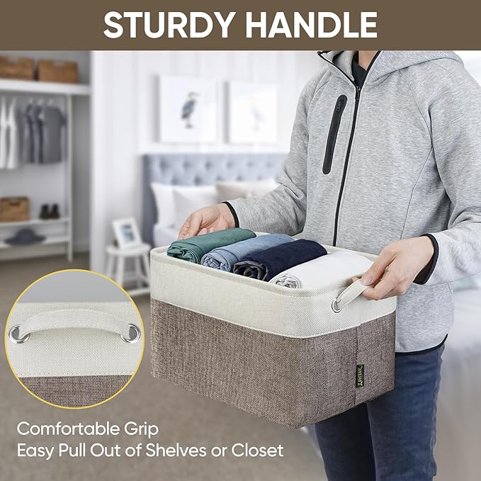 BALEINE 4 Pack Fabric Storage Bins for Shelves, Linen Storage Baskets for Organizing, Decorative Closet Bins for Clothes, Home (Brown, 15"x11"x9.5")-CubbioJoy