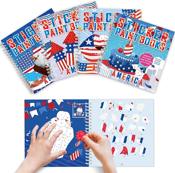 4Pcs Patriotic Paint by Sticker Books Sticker by Number Books Activity Book Puzzle Book Craft Art Gift Memorial Day 4th of July American Star 32 Pictures-CubbioJoy