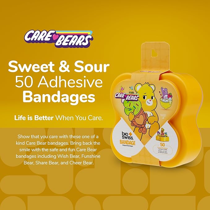 BioSwiss Care Bears Bandages, Sweet and Sour Care Bear Shaped Self Adhesive Bandage, Latex Free Sterile Wound Care, Fun First Aid Kit Supplies for Kids, 50 Count-CubbioJoy