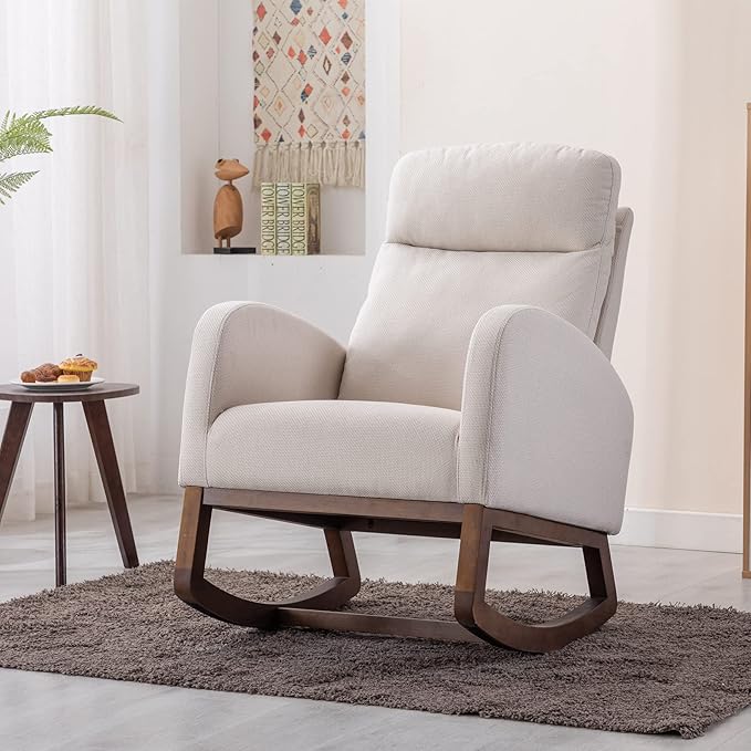 Dolonm Nursery Rocking Chair for Living Room, Upholstered Mid-Century Modern Nursery Rocking Armchair Tall Back Accent Glider Rocker, Beige-CubbioJoy