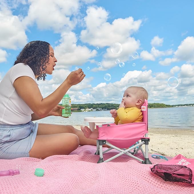 Bright Starts Pop 'N Sit Portable Booster, Indoor/Outdoor Use, Floor Seat with Feeding Tray, Pink, 6 Mos - 3 Yrs-CubbioJoy