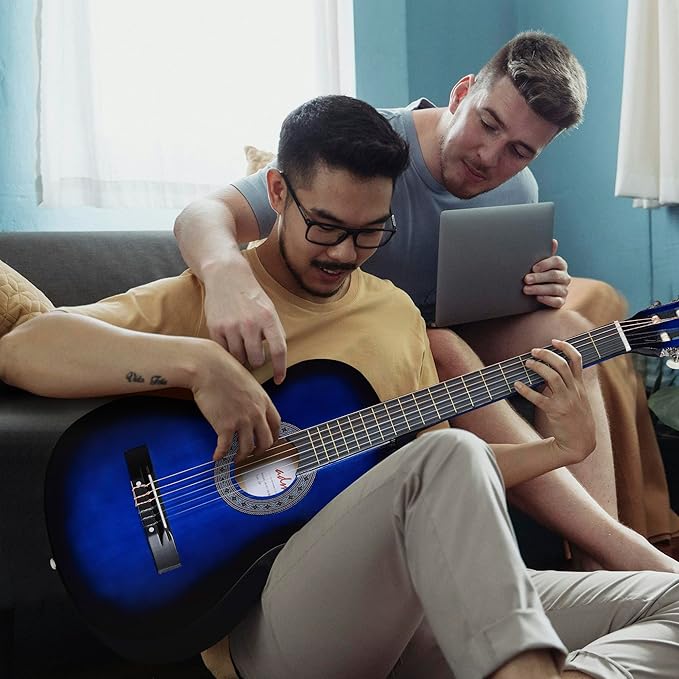 ADM Beginner Acoustic Classical Guitar 38 Inch Nylon Strings Wooden Guitar Bundle Kit for Kid Boy Girl Student Youth Guitarra Online Lessons with Gig Bag, Strap, Tuner, Strings, Blue-CubbioJoy