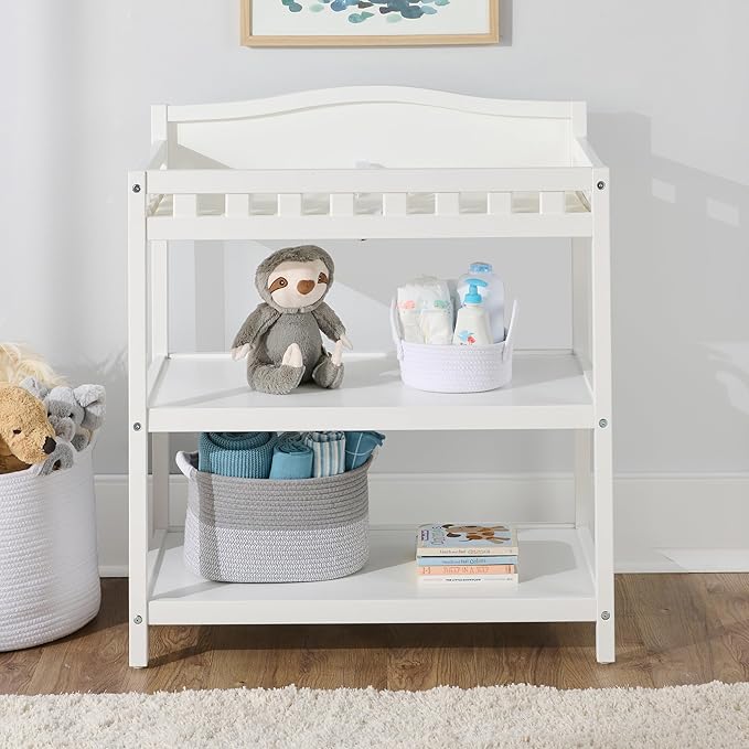 Badger Basket Baby Changing Table with Pad & Shelves - Wooden Changing Table with Storage - Nursery Change Table for Diapers & Baby Essentials, White-CubbioJoy