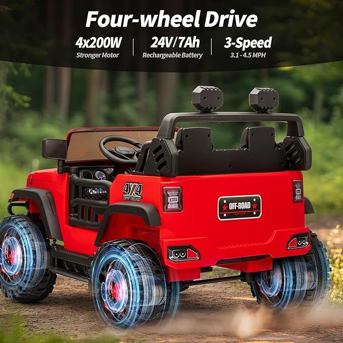 2 Seater Ride on Toy Car for Kids, 24V 4WD Ride-on Truck Kids Electric Car with Remote Control, 4x200W Motors - Red-CubbioJoy