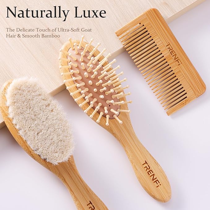 Bamboo Baby Brush and Comb Set (3-Piece) | Ultra-Soft Goat Bristle Newborn Hair Brush for Gently Soothing Cradle Cap | Natural Massage Brush & Toddler Comb | Perfect Baby Registry & Shower Gift-CubbioJoy