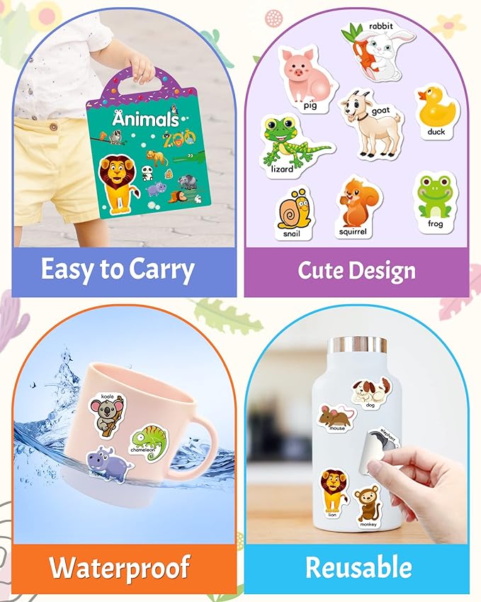 Benresive Reusable Sticker Book for Toddlers 2-4 Years, Fun Travel Stickers for Kids, Waterproof Sticker Books for Toddlers 1-3, Crafts Activities for Todddlers 1-3 2-4 3-5 - Animals Zoo-CubbioJoy
