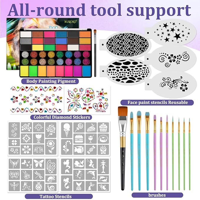 42 Colors Kids Face Painting Kit,Non Toxic Water Activated Face Paint Palette with 5 Reusable & 45 Sticky Stencils,11 Brushes,2 Gems.Ideal for Mardi Gras,Halloween,Christmas,makeup,Parties,Makeup etc.-CubbioJoy