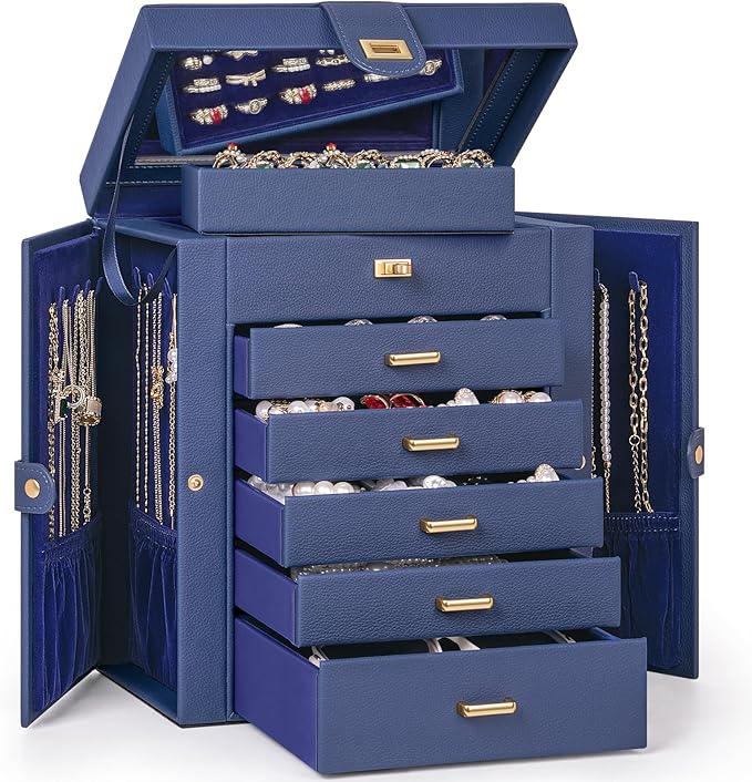 AKOZLIN 6-Tier Jewelry Box Organizer Functional 5 Drawers Leather Jewelry Storage Case for Women Girls Ring Necklace Earring Bracelet Holder Organizer with Mirror Blue-CubbioJoy