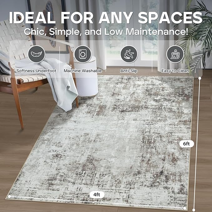 4x6 Area Rugs for Living Room Rug Washable: Modern Large Rug for Dining Room Bedroom Carpet Non Slip Low Pile 4 by 6 Indoor Abstract Nursery Home Office Brown Grey-CubbioJoy