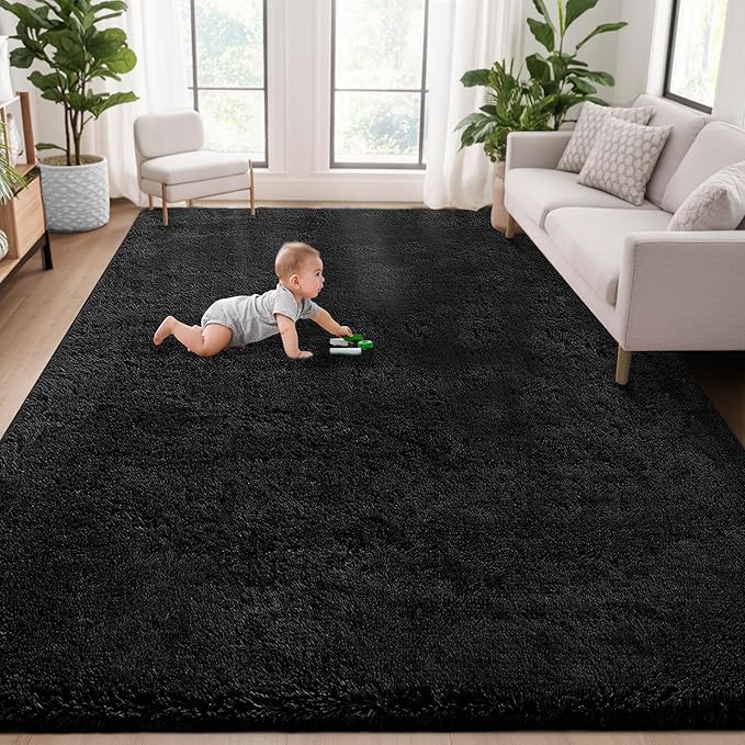 5x7 Area Rug for Living Room: Fluffy Shag Soft Washable Rugs Fuzzy Plush Indoor Carpet for Bedroom Nursery Playroom Dorm Kids Girls Boys Room (Black, 5'x7')-CubbioJoy