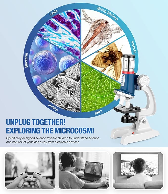 58-Piece Kids Microscope Kit - 100X-1200X Magnification, Metal Body, LED Light, Carrying Box - Science Experiment Toy for Kids Ages 5-12-CubbioJoy