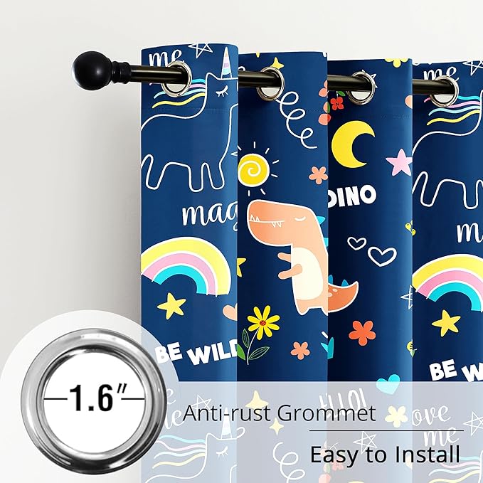 100% Blackout Curtains for Kids - Adorable Dinosaur & Unicorn Pattern, 2Panels, Each W52xL63, Thermal Insulated Noise-Reducing Drapes for Nursery, Bedroom, Playroom - Fun & Colorful Design-CubbioJoy