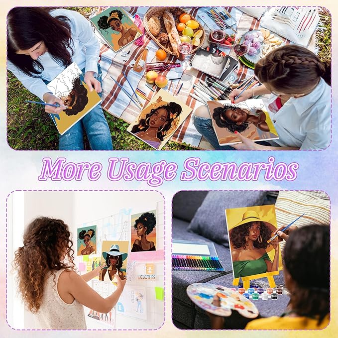 Blosssound 10 Set Pre Printed Canvas Pre Drawn Canvas Painting with Easel Kits 5" x 7" Outline Painting Panels for Beginners, DIY Craft Project, Party Favor, Home Decors(Black Women)-CubbioJoy