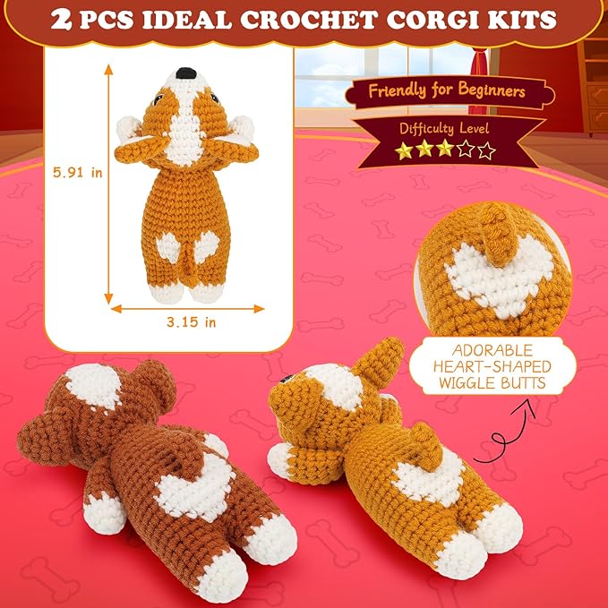 Crochet Kit for Beginners, 2 Adorable Corgi Dog Crochet Animals Kits, Easy Beginner Crochet Kit for Adults & Kids, Women & Men, DIY Craft Knitting Kit with All Supplies-CubbioJoy