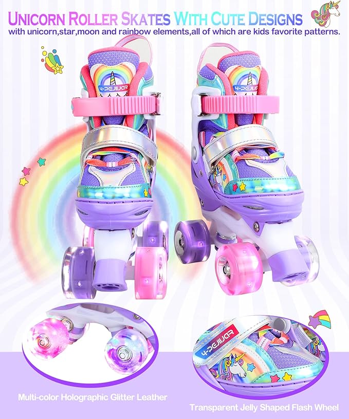 4-Pejiijar Rainbow Unicorn Kids Roller Skates for Girls Toddler Ages 2-4 5-8 8-12,Adjustable Roller Shoes with Luminous Wheels for Birthday Xmas Gifts-CubbioJoy