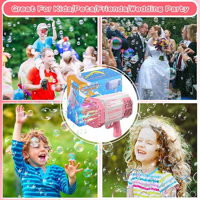 Bubble Machine Gun, 69 Holes Bubble Gun with Lights, Pink Outdoor Summer Beach Kids Bubbles Toys Birthday Wedding Party Halloween Fun for Girls Boys-CubbioJoy