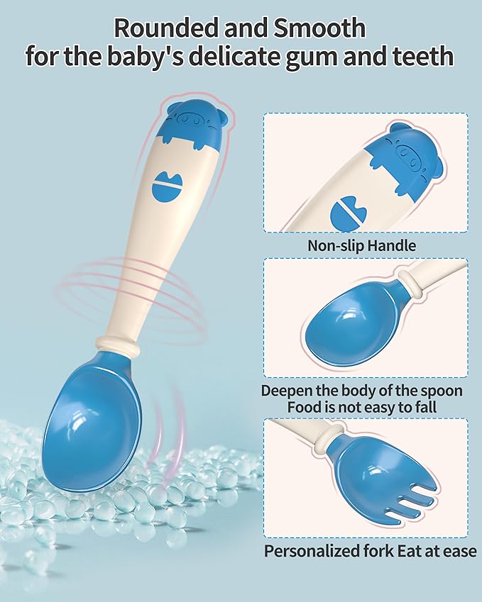 Deejoy Toddler Utensils, Self-feeding Flatware Set withTravel Case, Baby Spoons and Forks with Silicone Bendable Handle, Easy Grip Heat-Resistant, Ideal for Kids, Stage 2 (Blue)-CubbioJoy